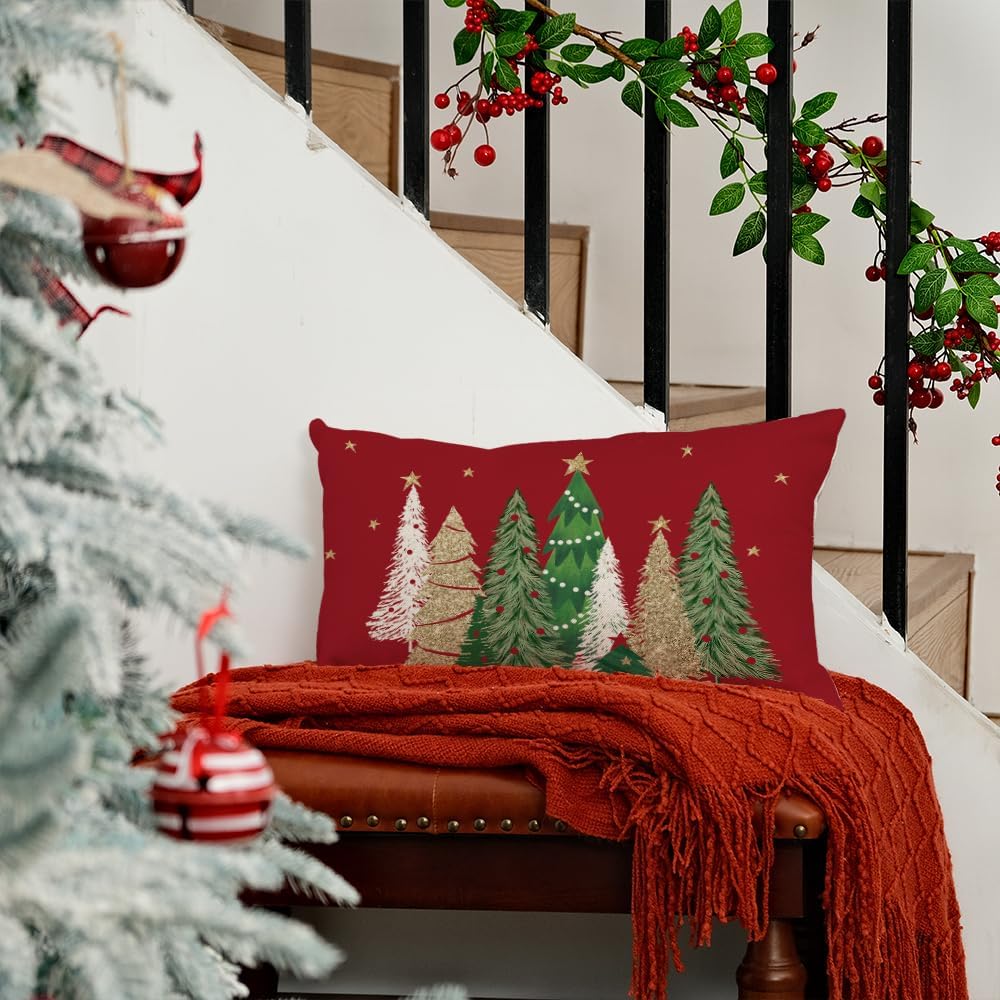 Christmas Pillow Cover 12X20 Colorful Christmas Tree Stars Decoration Holiday Farmhouse Winter Pillow Case Decor for Home Sofa Couch (Red) AA231-12